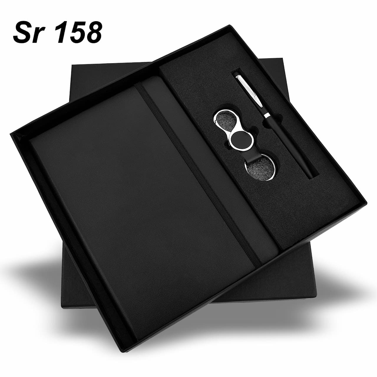 Sr 158 - Gift Set – Black Elastic – 3-in-1 (A5 Diary + Pen + Keychain) – custom branded combo sets